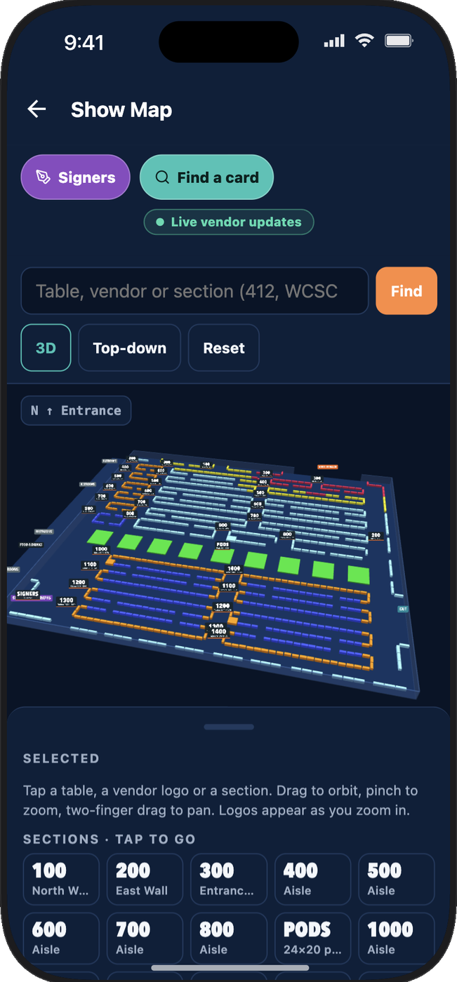 The World Champion app's 3D vendor map of the Palm Beach Card Show floor